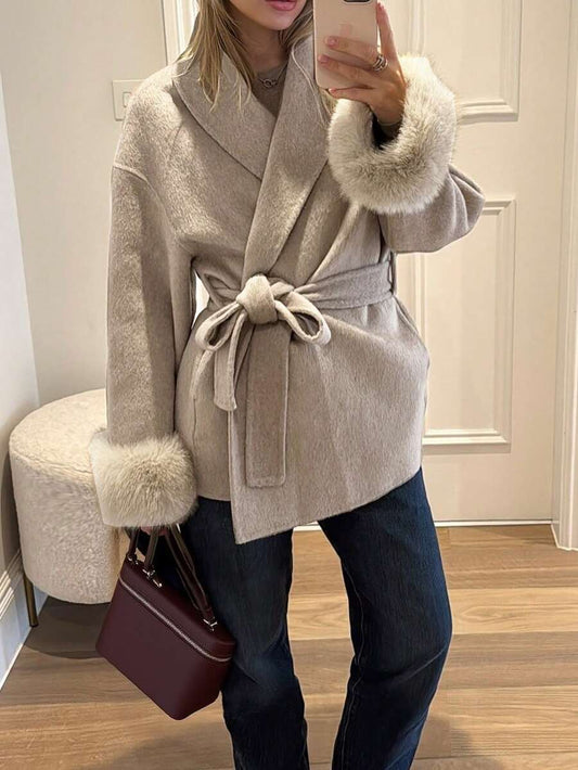 Flavia Belted Wrap Coat with Faux Fur Cuffs and Shawl Collar - Beige