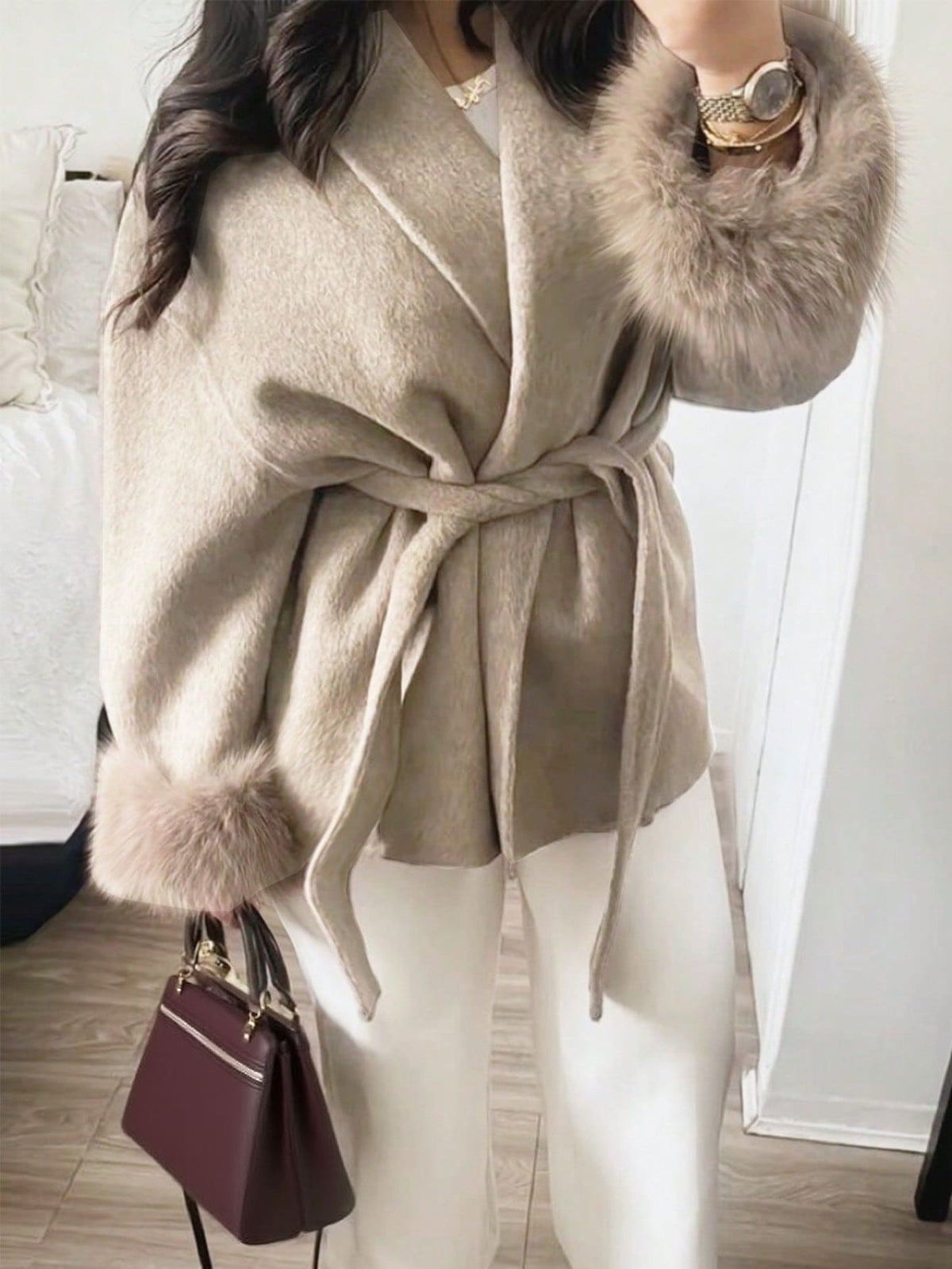 Flavia Belted Wrap Coat with Faux Fur Cuffs and Shawl Collar - Beige