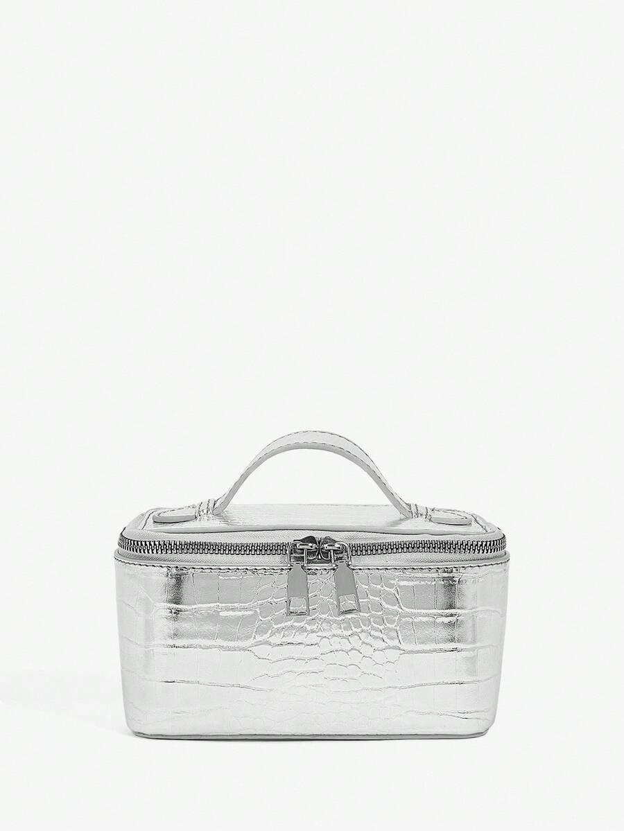 Menton Structured Vanity Top Handle Box Bag - Silver Croc