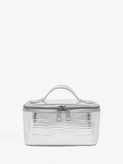 Menton Structured Vanity Top Handle Box Bag - Silver Croc