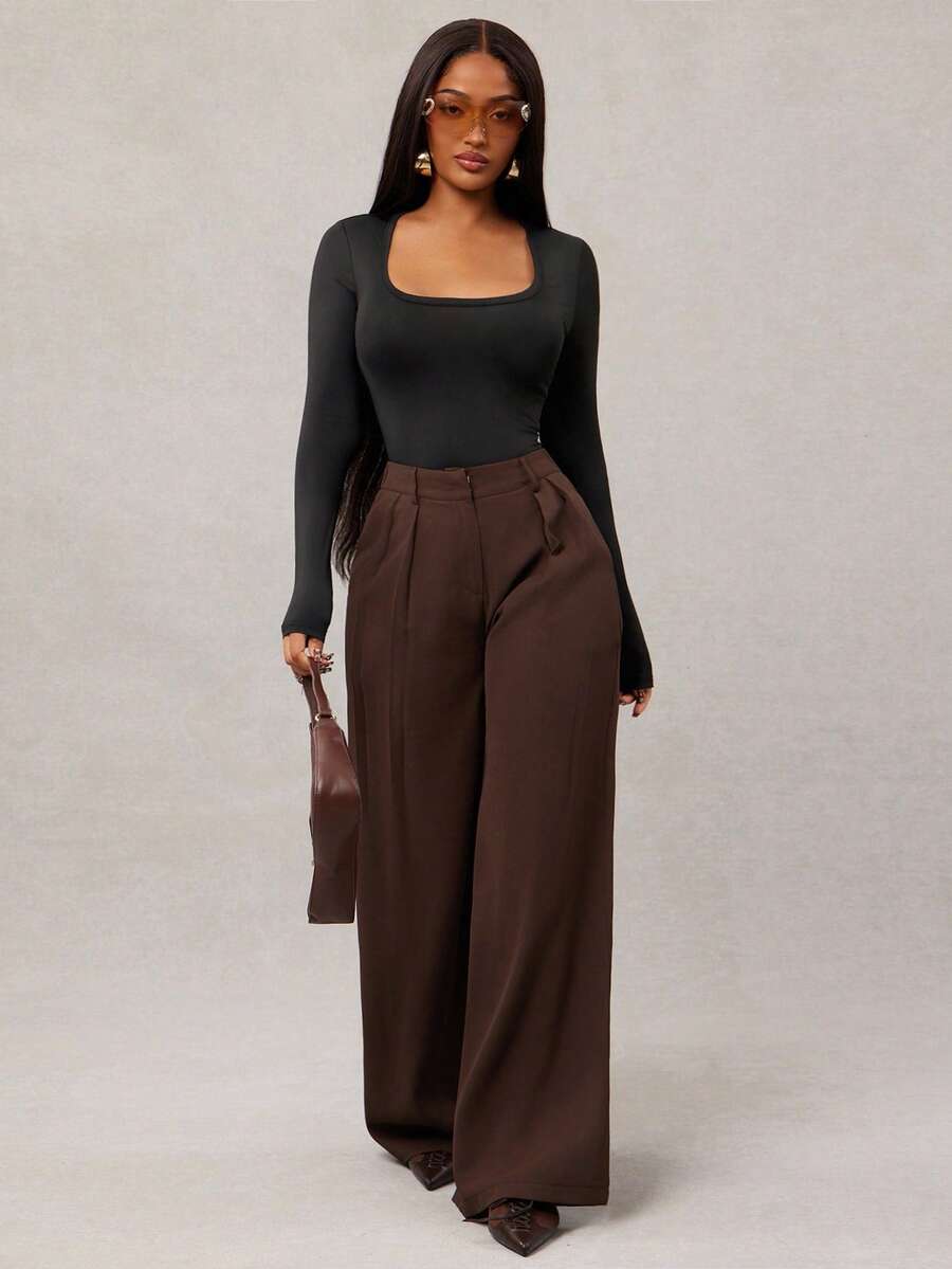 Theodora High Waist Pleated Oversized Wide Leg Suit Trousers - Chocolate Brown