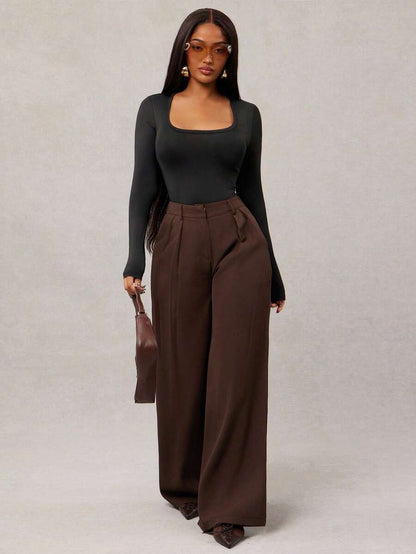 Theodora High Waist Pleated Oversized Wide Leg Suit Trousers - Chocolate Brown