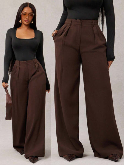 Theodora High Waist Pleated Oversized Wide Leg Suit Trousers - Chocolate Brown