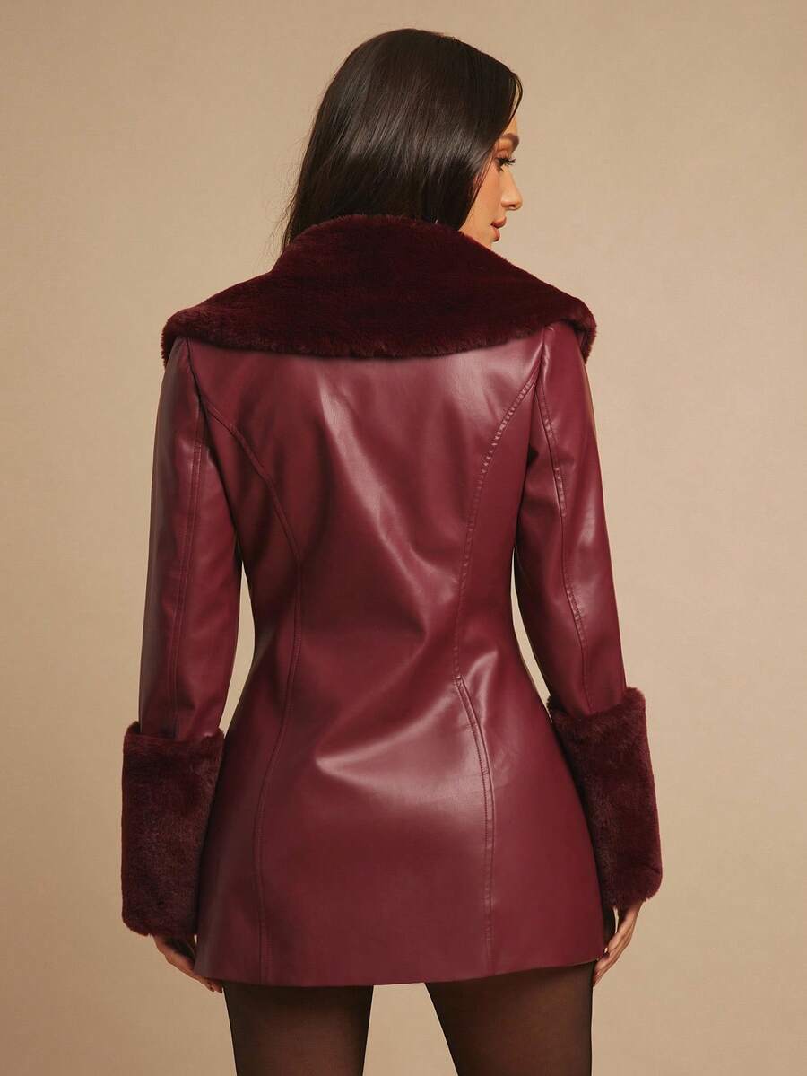 Saint Moritz Faux Fur Collar Double Breasted Faux Leather Jacket