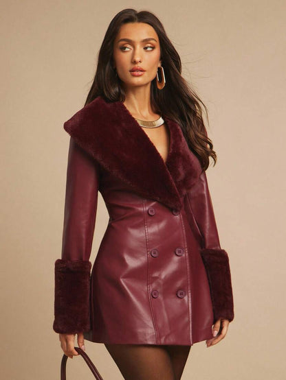 Saint Moritz Faux Fur Collar Double Breasted Faux Leather Jacket