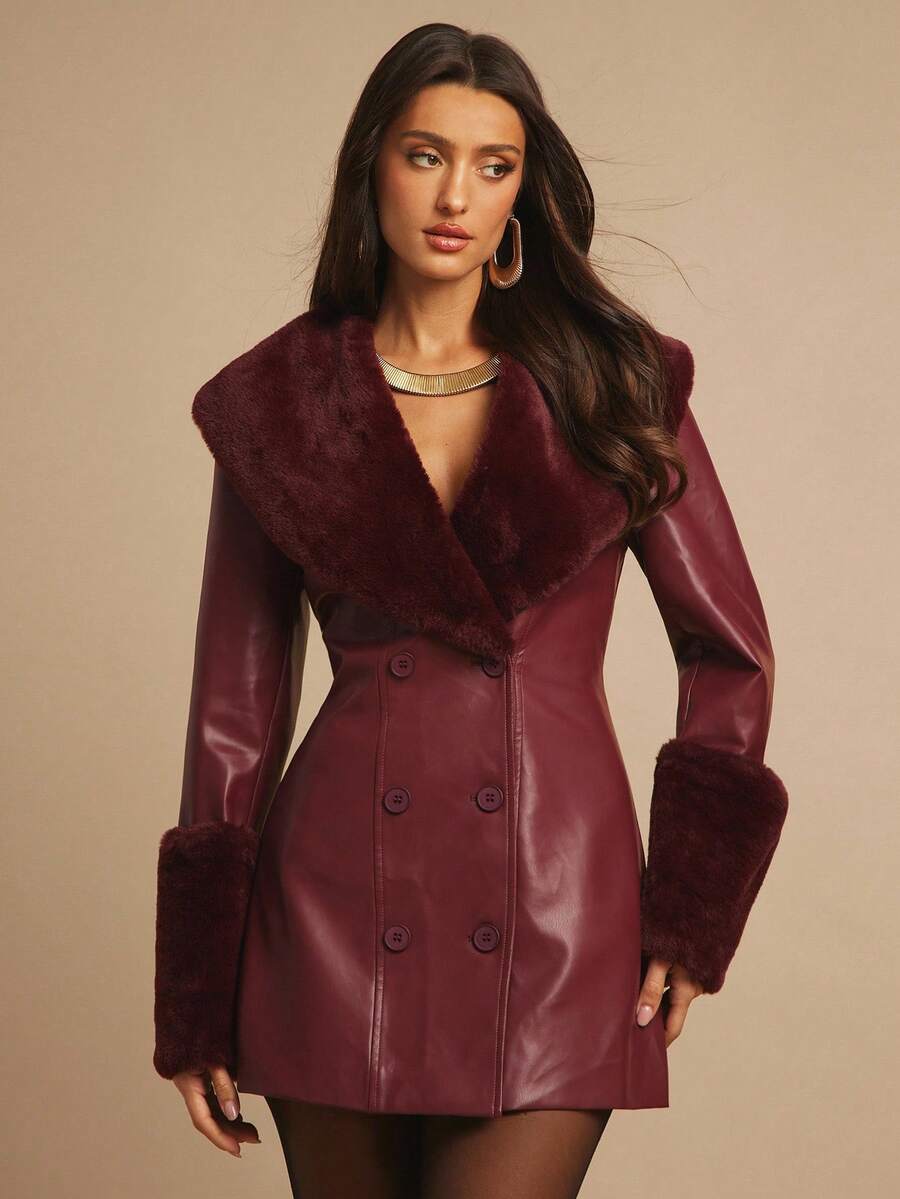 Saint Moritz Faux Fur Collar Double Breasted Faux Leather Jacket