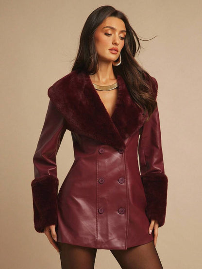 Saint Moritz Faux Fur Collar Double Breasted Faux Leather Jacket
