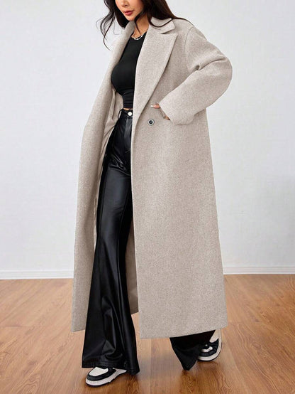 Jolie Oversized Double Breasted Long Coat with Lapel Collar - Oatmeal