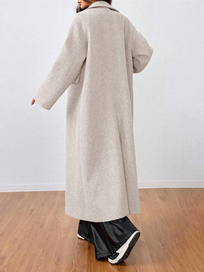 Jolie Oversized Double Breasted Long Coat with Lapel Collar - Oatmeal