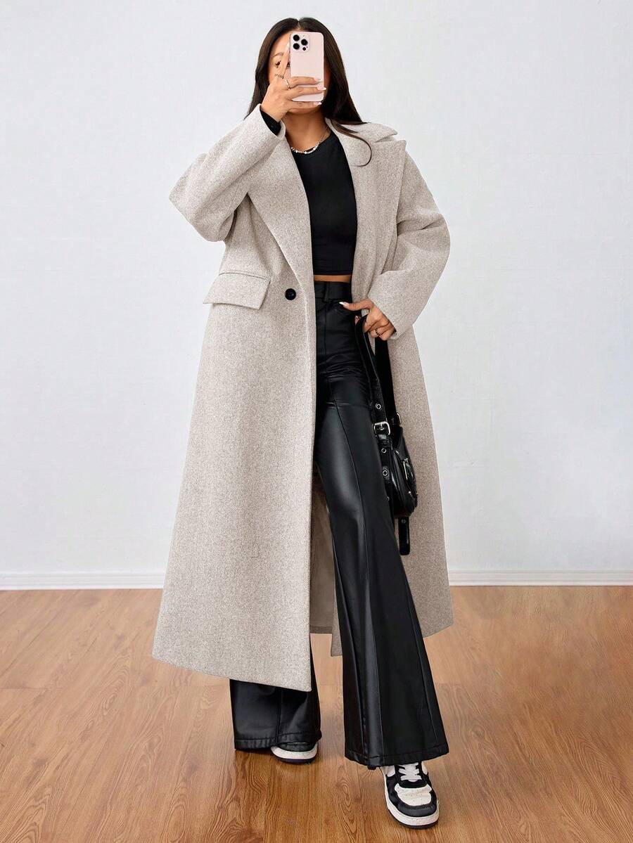 Jolie Oversized Double Breasted Long Coat with Lapel Collar - Oatmeal