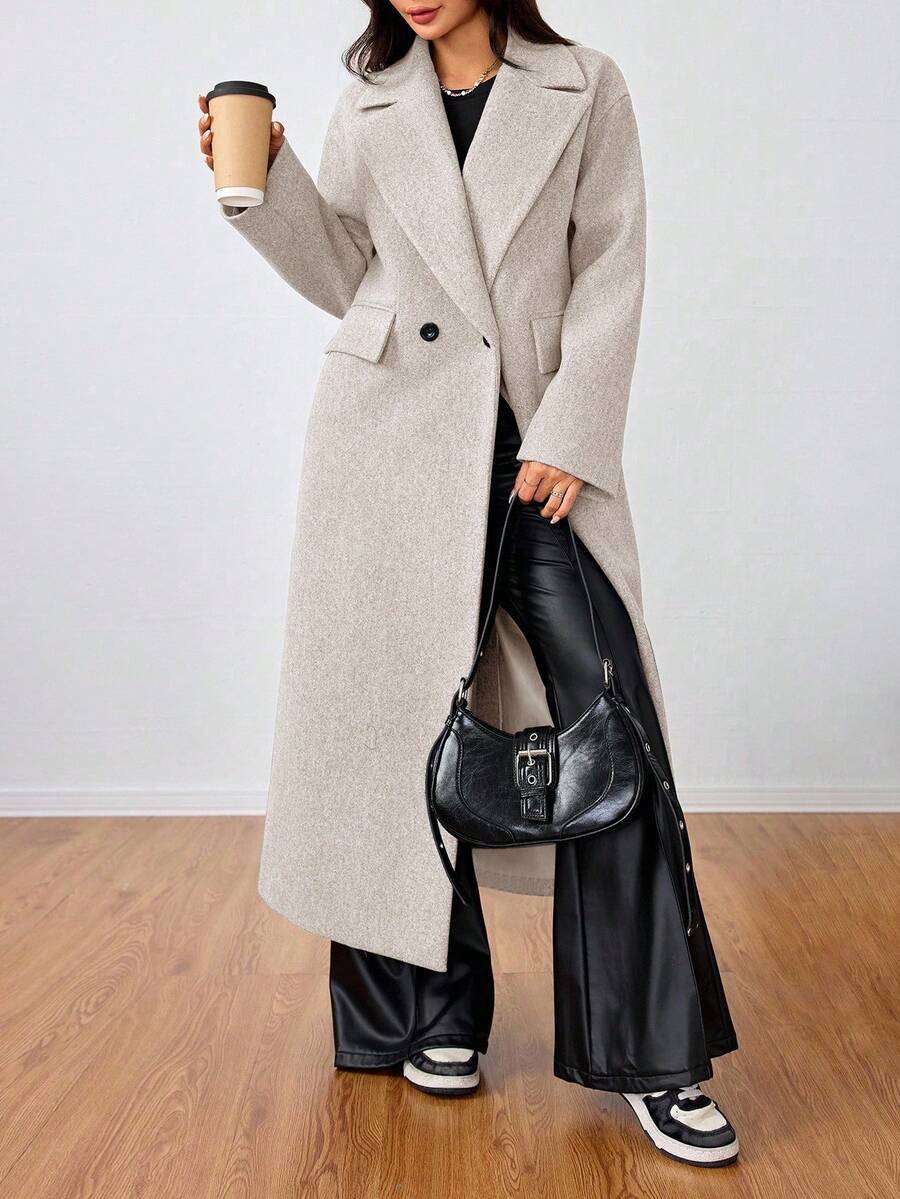 Jolie Oversized Double Breasted Long Coat with Lapel Collar - Oatmeal