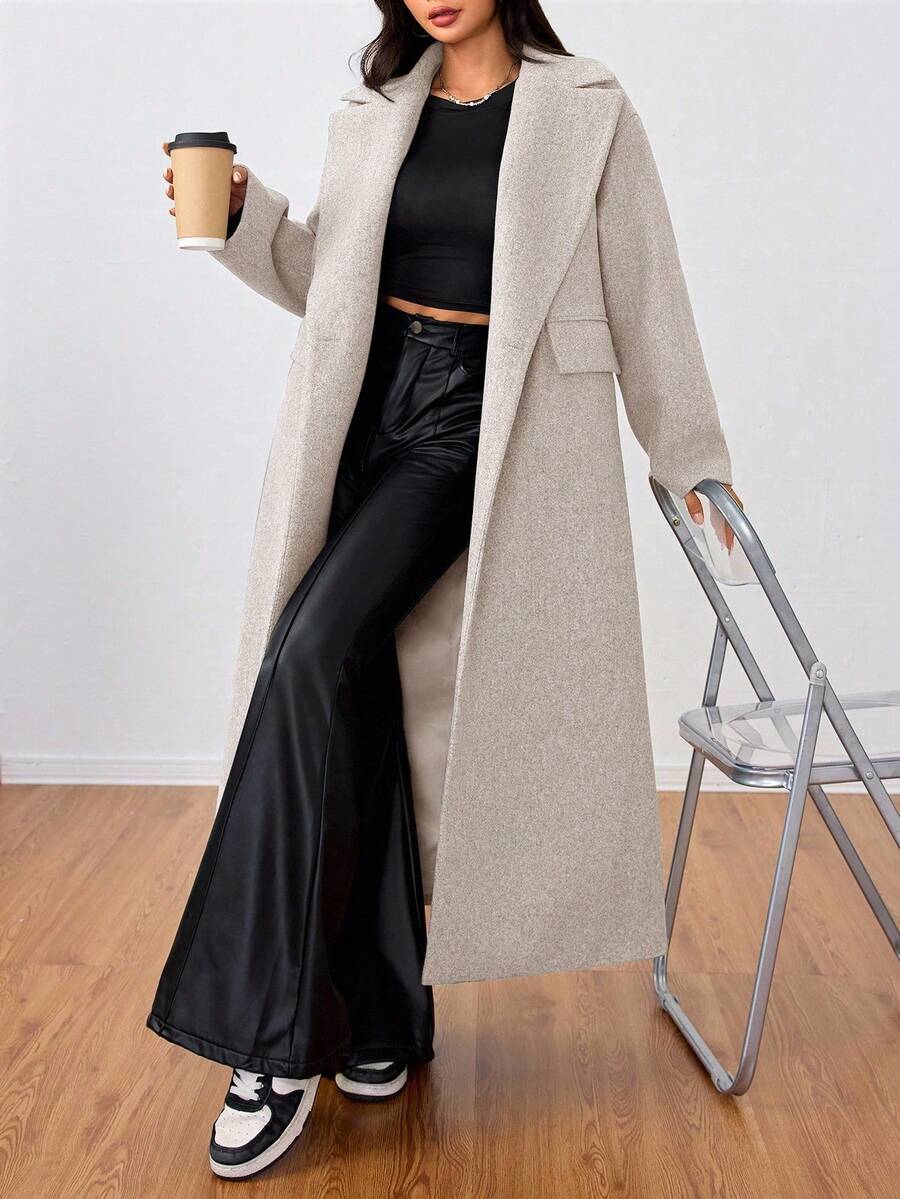 Jolie Oversized Double Breasted Long Coat with Lapel Collar - Oatmeal
