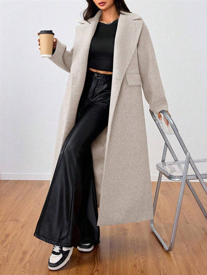 Jolie Oversized Double Breasted Long Coat with Lapel Collar - Oatmeal