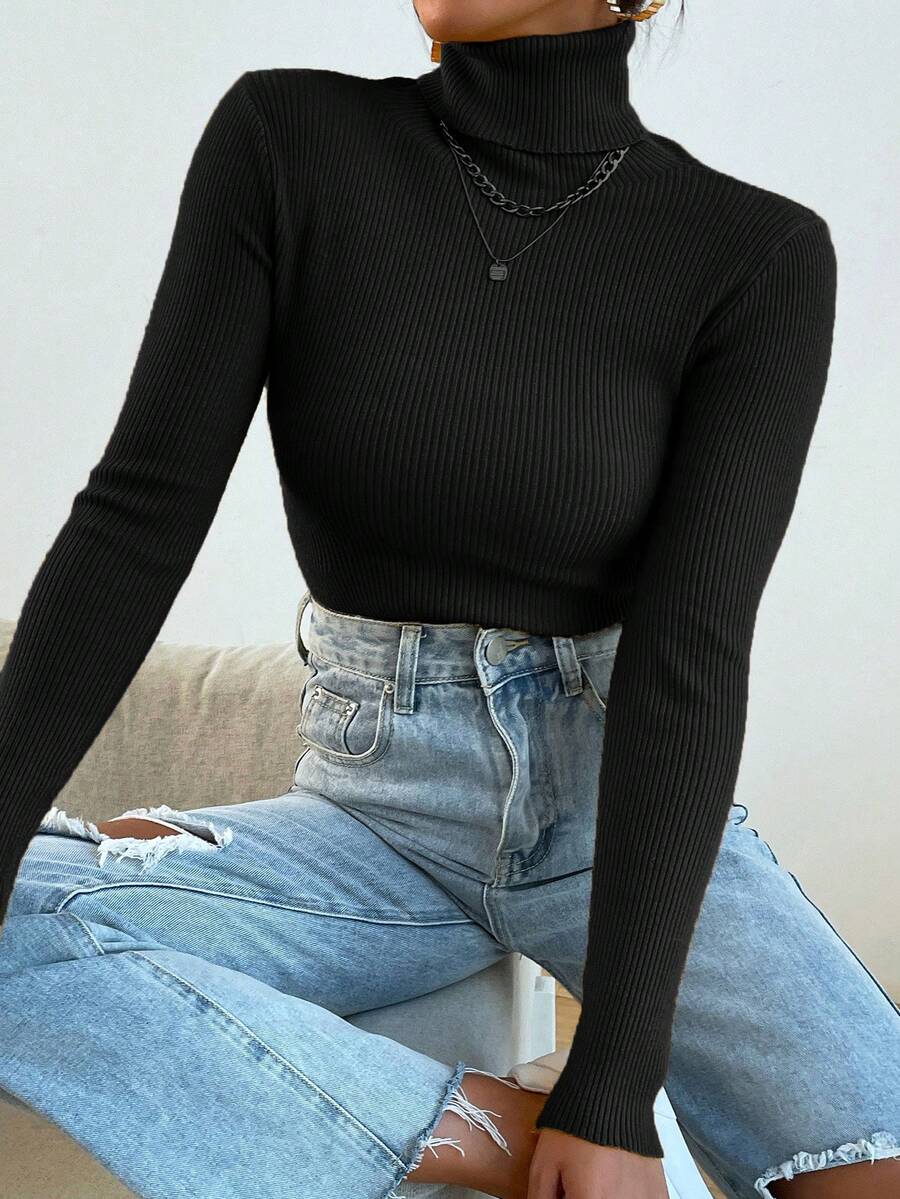 Nicolette Slim Fit Ribbed Knit Turtleneck Long Sleeve Sweater - Black