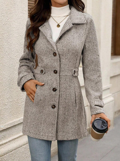 Juliana Single-Breasted Collared Coat with Button Front and Pockets - Khaki