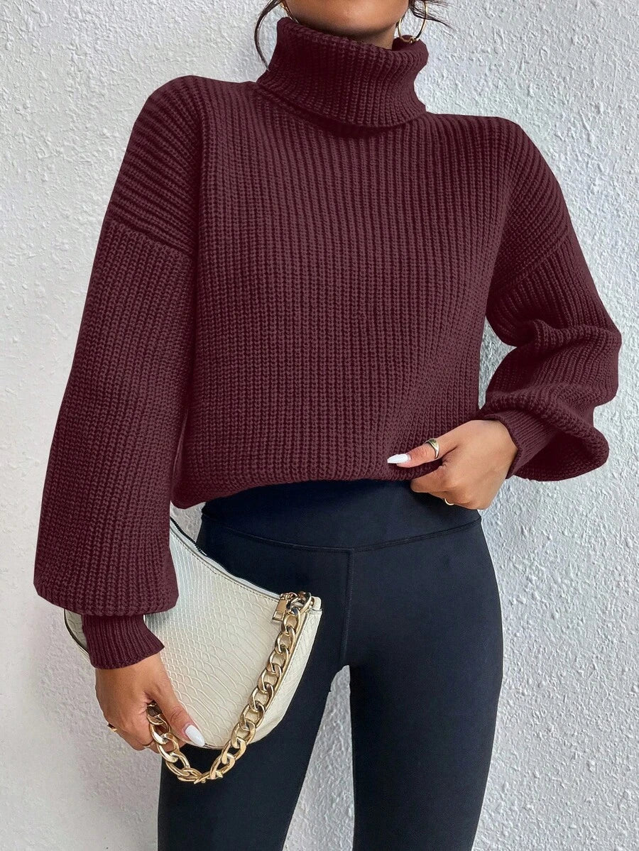 Wilhelmina Rib Knit Turtleneck Drop Shoulder Pullover Sweater - Navy Blue