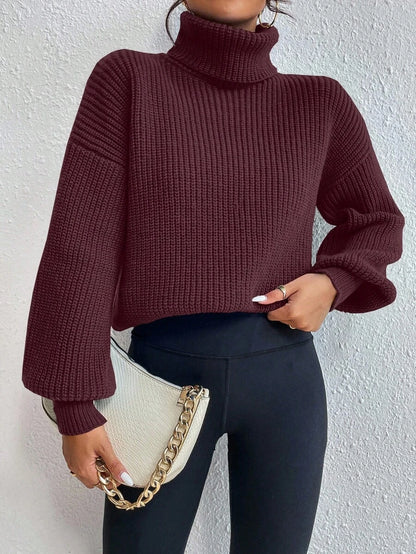 Wilhelmina Rib Knit Turtleneck Drop Shoulder Pullover Sweater - Navy Blue