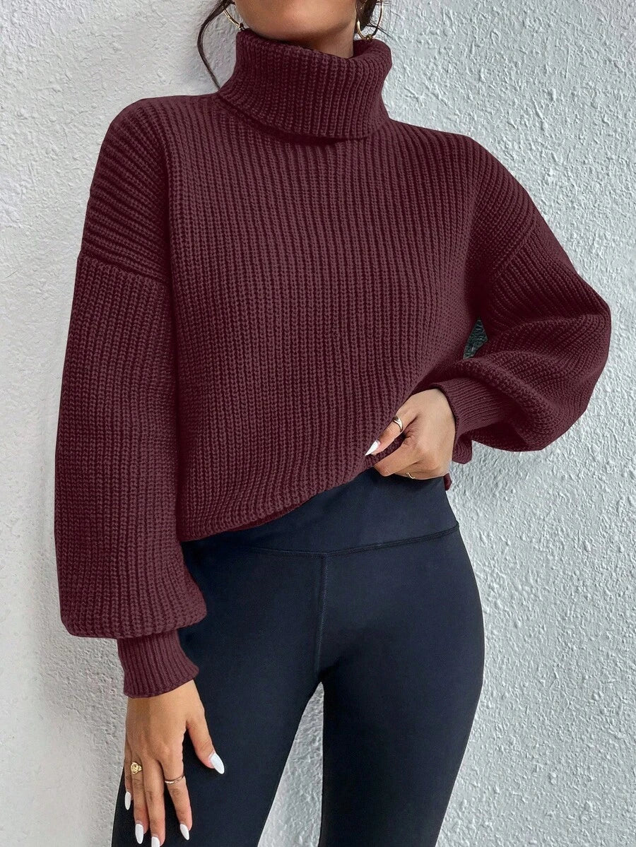 Wilhelmina Rib Knit Turtleneck Drop Shoulder Pullover Sweater - Bold Plum