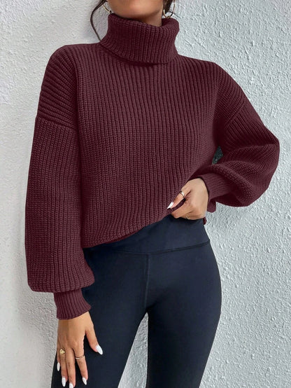 Wilhelmina Rib Knit Turtleneck Drop Shoulder Pullover Sweater - Bold Plum
