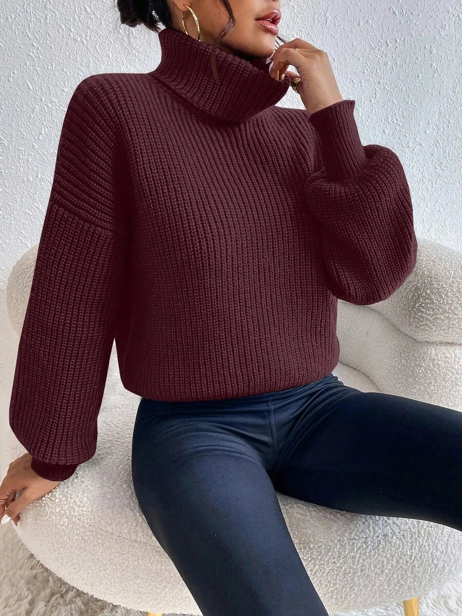Wilhelmina Rib Knit Turtleneck Drop Shoulder Pullover Sweater - Black
