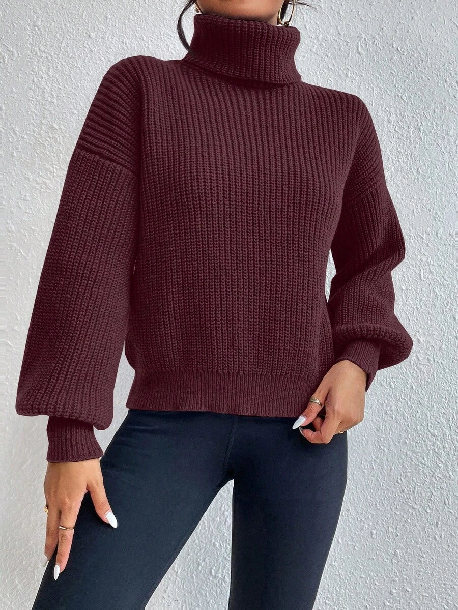 Wilhelmina Rib Knit Turtleneck Drop Shoulder Pullover Sweater - White