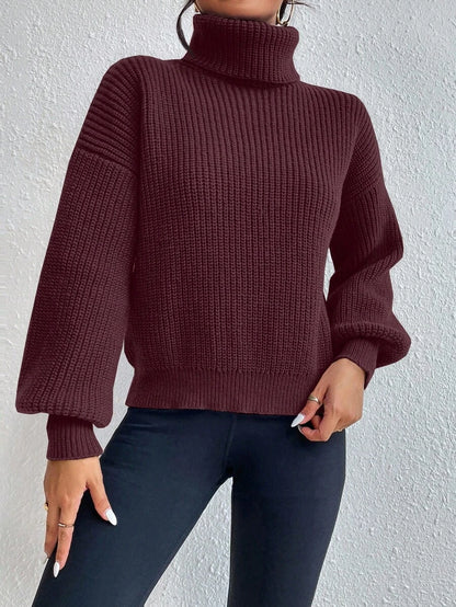 Wilhelmina Rib Knit Turtleneck Drop Shoulder Pullover Sweater - White