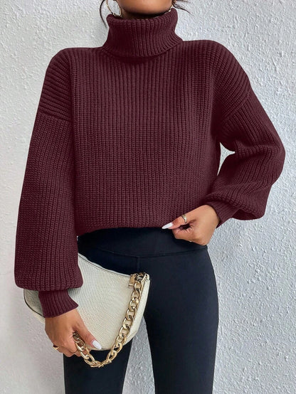 Wilhelmina Rib Knit Turtleneck Drop Shoulder Pullover Sweater - Grey