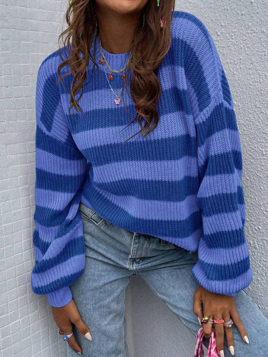 Reese Striped Round Neck Drop Shoulder Sweater - Blue
