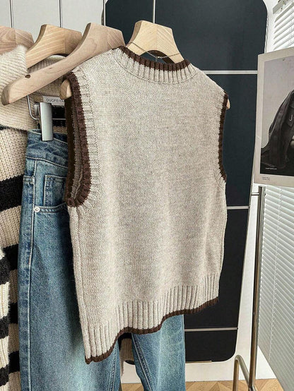 Beatrice Contrast Trim Sleeveless Knit Sweater Vest - Taupe with Brown Trim