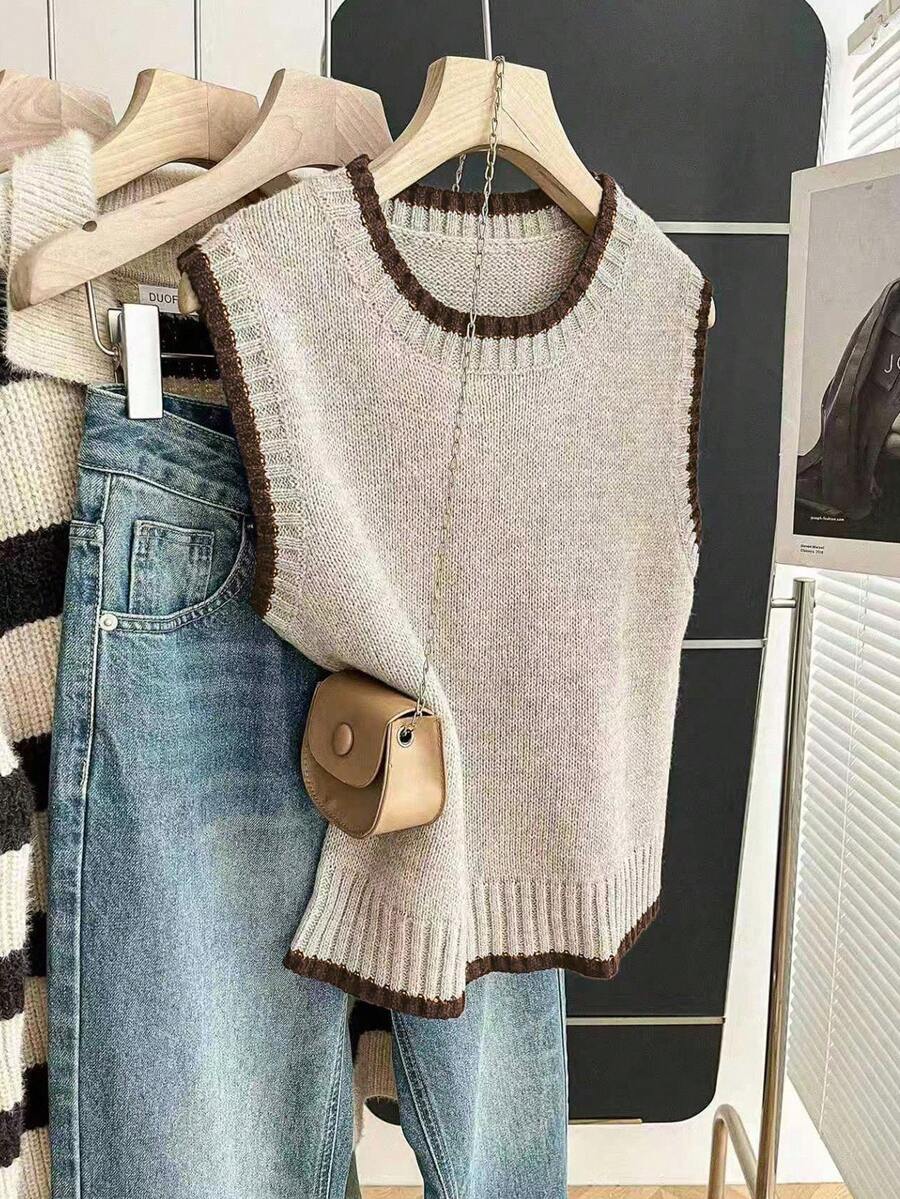 Beatrice Contrast Trim Sleeveless Knit Sweater Vest - Taupe with Brown Trim