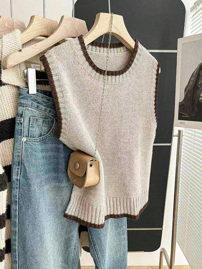 Beatrice Contrast Trim Sleeveless Knit Sweater Vest - Taupe with Brown Trim