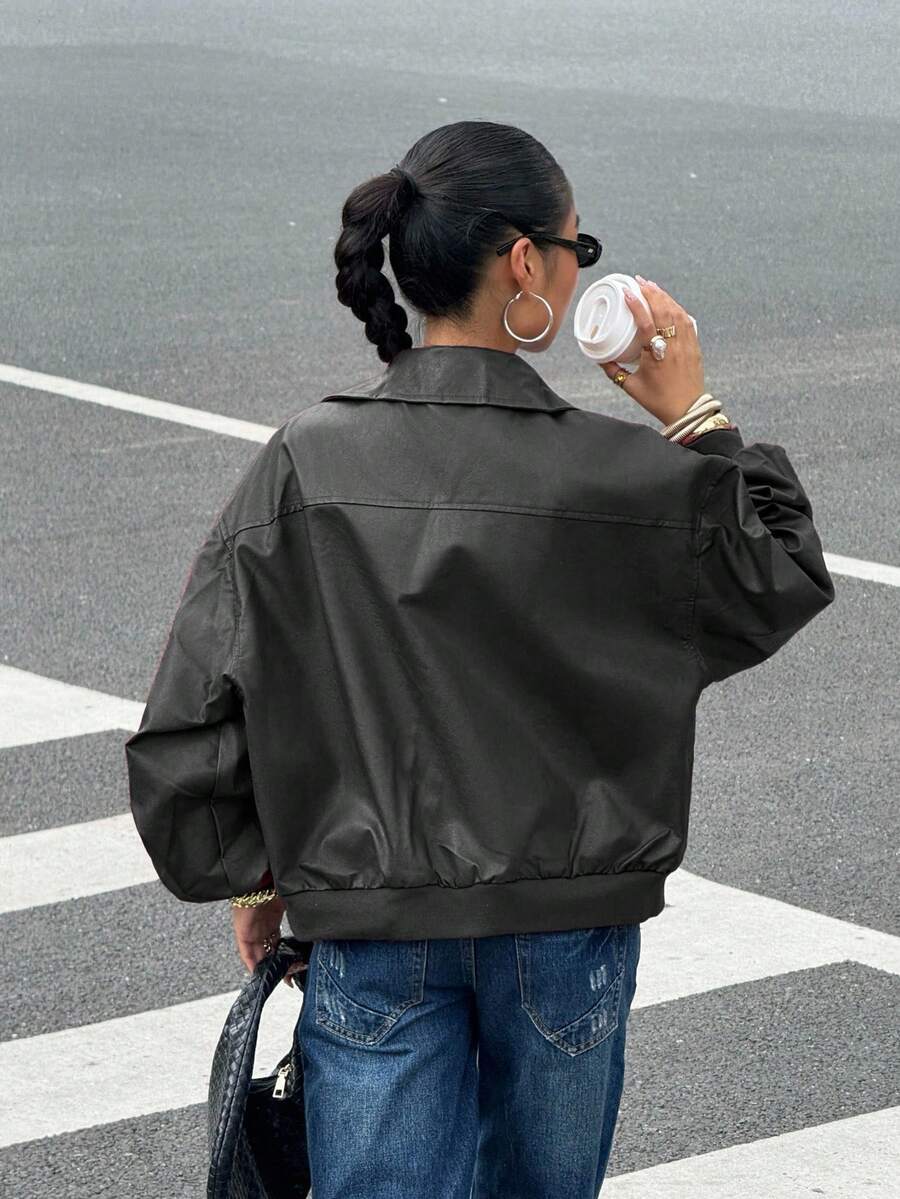 Elise Zip Up Drop Shoulder PU Jacket - Chocolate Brown