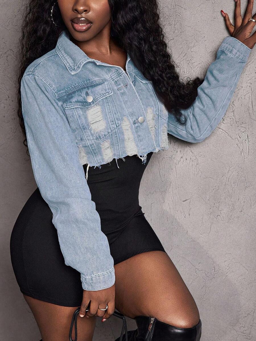 Hazel Distressed Crop Button Denim Jacket - White
