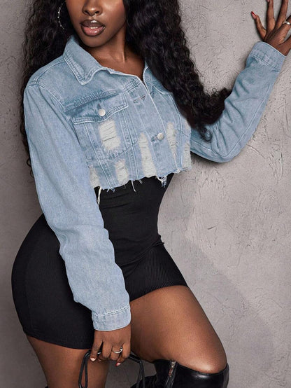 Hazel Distressed Crop Button Denim Jacket - White