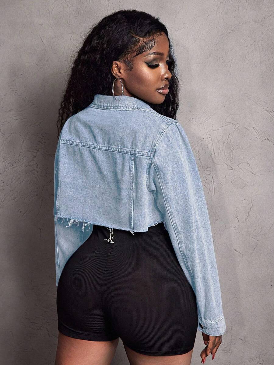 Hazel Distressed Crop Button Denim Jacket - Coffee Brown