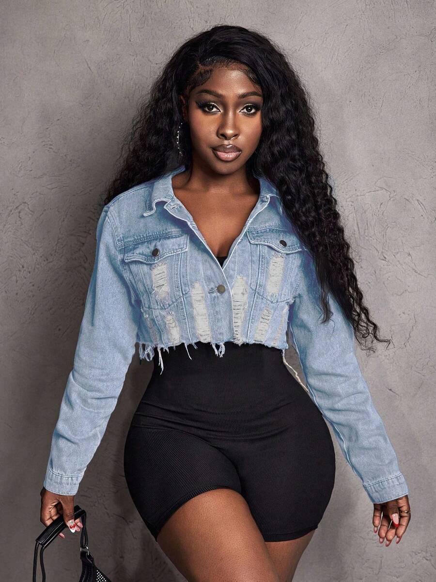 Hazel Distressed Crop Button Denim Jacket - Light Wash