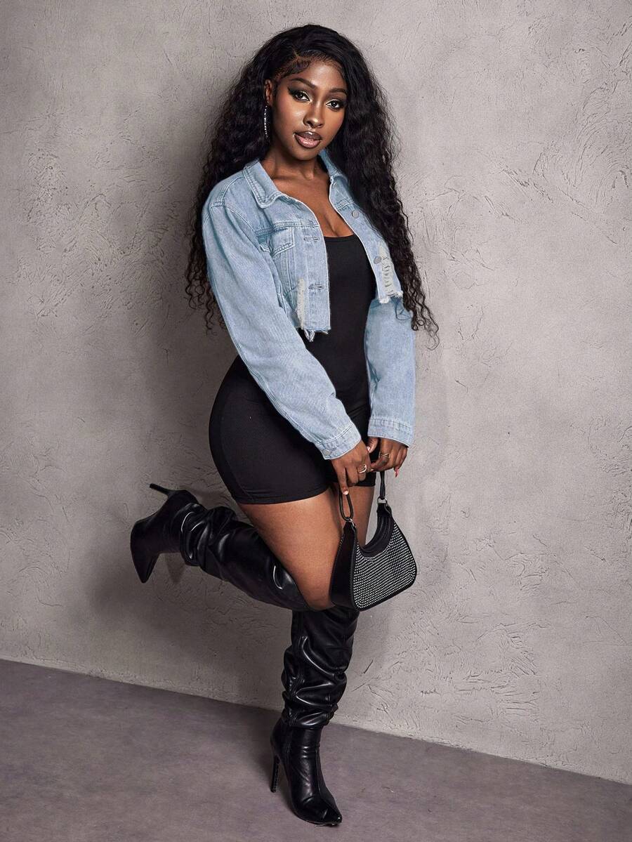 Hazel Distressed Crop Button Denim Jacket - Black