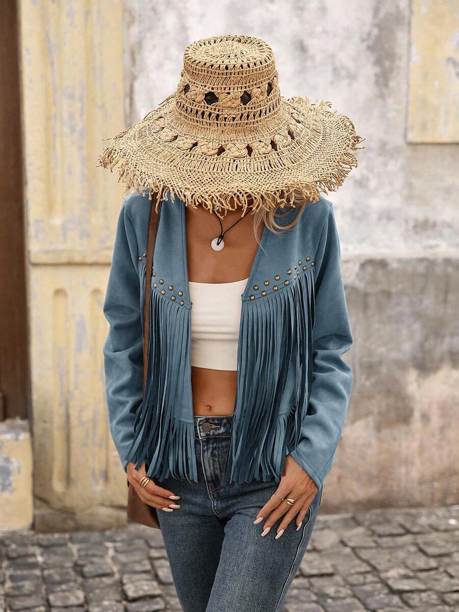 Evangeline Fringe Trim Open Front Crop Jacket - Mocha Brown