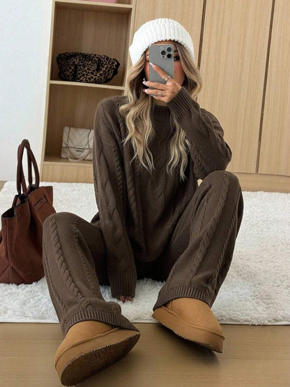 Ginevra 2 Piece Sweater Set Cable Knit Pullover and Wide Leg Pants - Chocolate Brown