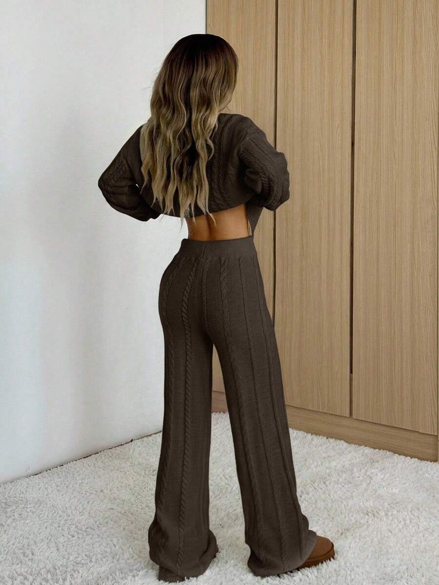 Ginevra 2 Piece Sweater Set Cable Knit Pullover and Wide Leg Pants - Chocolate Brown
