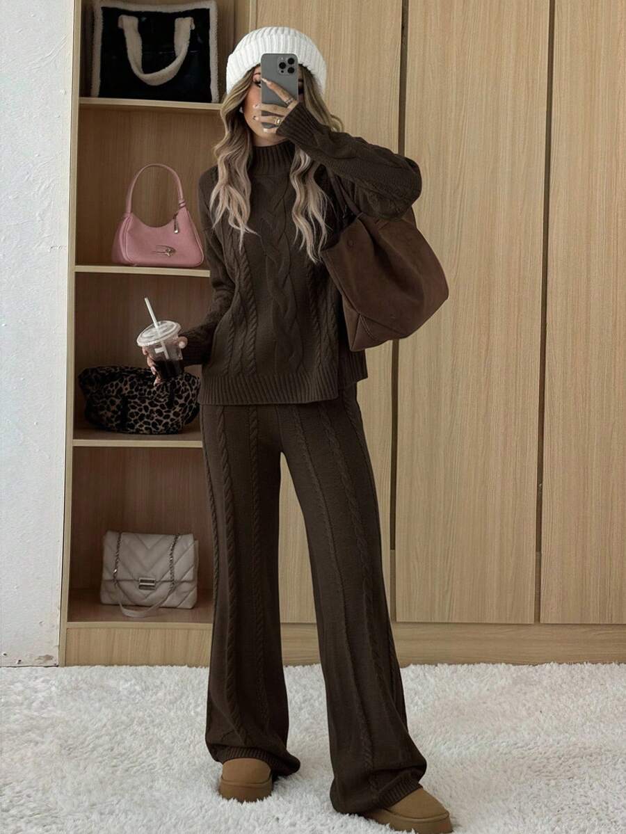 Ginevra 2 Piece Sweater Set Cable Knit Pullover and Wide Leg Pants - Chocolate Brown