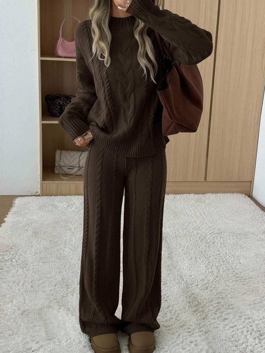 Ginevra 2 Piece Sweater Set Cable Knit Pullover and Wide Leg Pants - Chocolate Brown