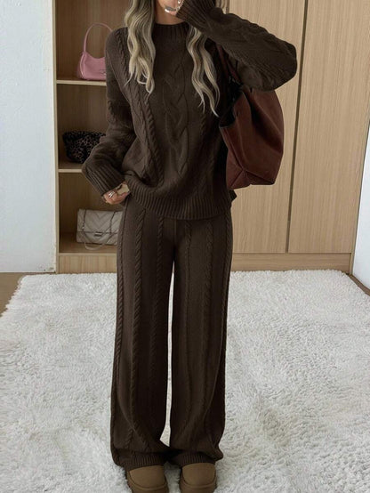 Ginevra 2 Piece Sweater Set Cable Knit Pullover and Wide Leg Pants - Chocolate Brown