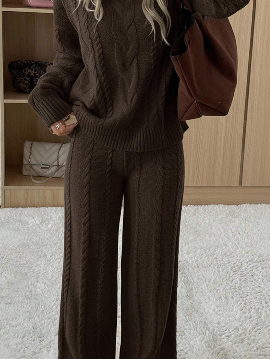 Ginevra 2 Piece Sweater Set Cable Knit Pullover and Wide Leg Pants - Chocolate Brown