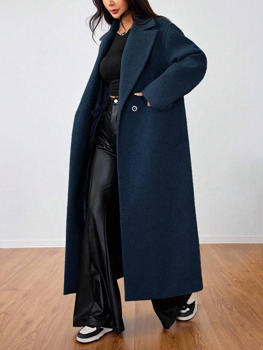 Jolie Oversized Double Breasted Long Coat with Lapel Collar - Navy