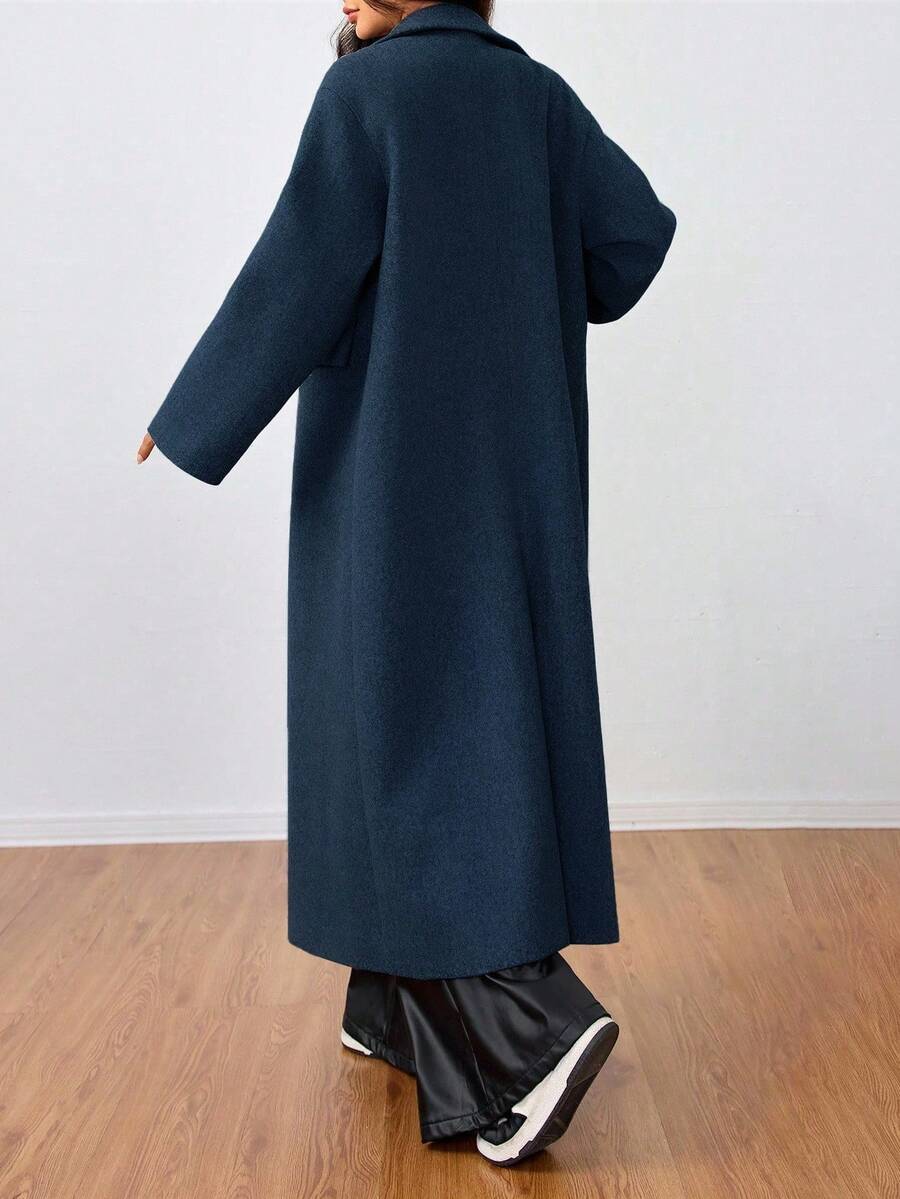 Jolie Oversized Double Breasted Long Coat with Lapel Collar - Navy