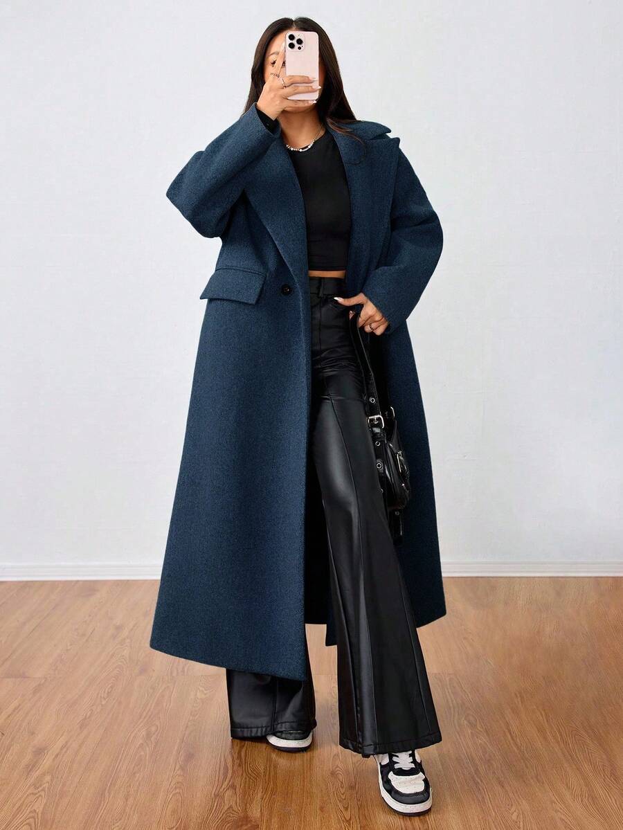 Jolie Oversized Double Breasted Long Coat with Lapel Collar - Navy