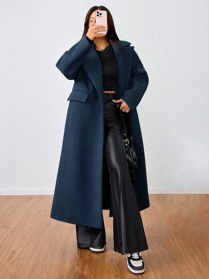 Jolie Oversized Double Breasted Long Coat with Lapel Collar - Navy