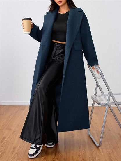 Jolie Oversized Double Breasted Long Coat with Lapel Collar - Navy