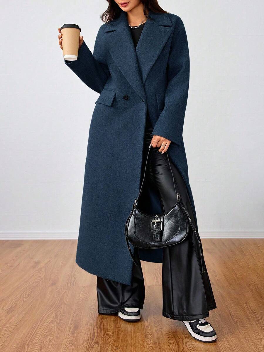 Jolie Oversized Double Breasted Long Coat with Lapel Collar - Navy